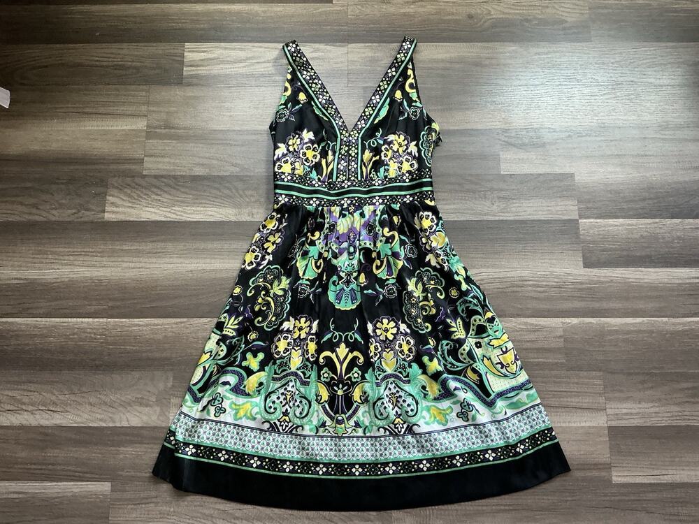 Eci New York Silk Blend V Neck Mini Dress Sz 6 Multi Boho Whimsigoth Playful